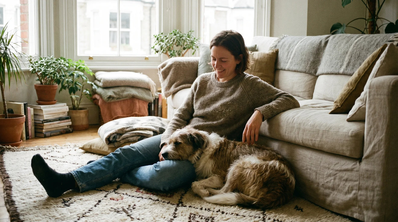 A calm dog settled beside its owner at home
